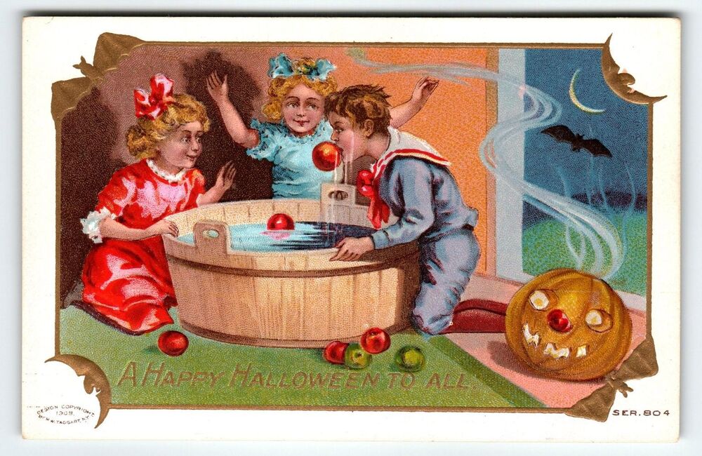 Vintage 1909 Halloween Postcard Kids Bobbing for Apples Bats Moons Border JOL